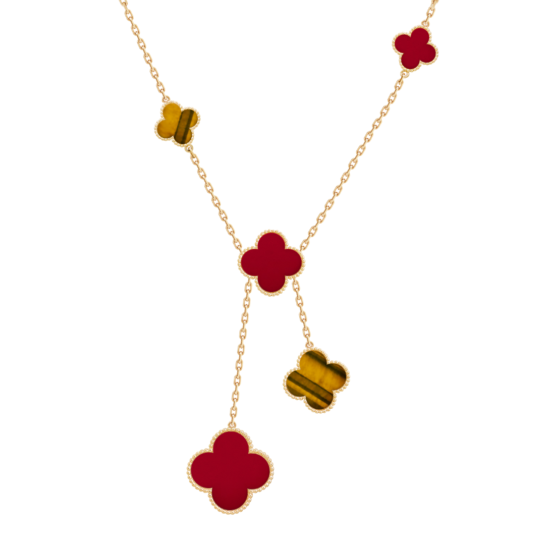 Belle Vante Necklace 6 Motifs Carnelian and Tiger Eye 18K Yellow Gold