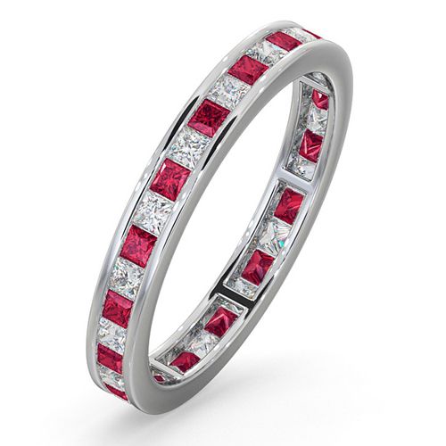 Platinum Channel Set Princess Cut Full Eternity Ring Natural Diamond 0.50ct Ruby 0.60ct G VS