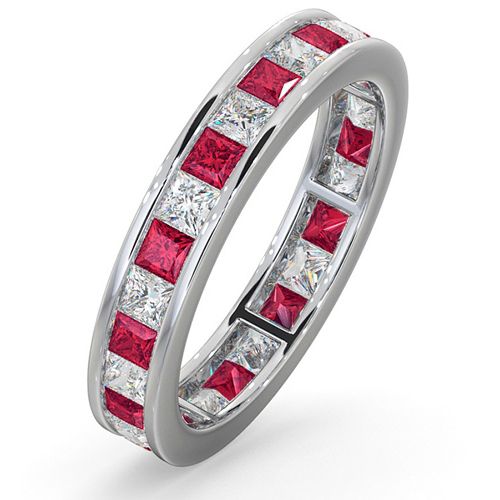 Platinum Channel Set Princess Cut Full Eternity Ring Natural Diamond 1.00ct Ruby 1.25ct G VS