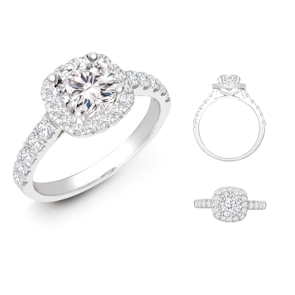 950 Platinum Gold 0.34ct Natural Diamond Micro-set Cushion-shaped Halo and Shoulders Wed-fit Ring Mount + 0.50ct Diamond