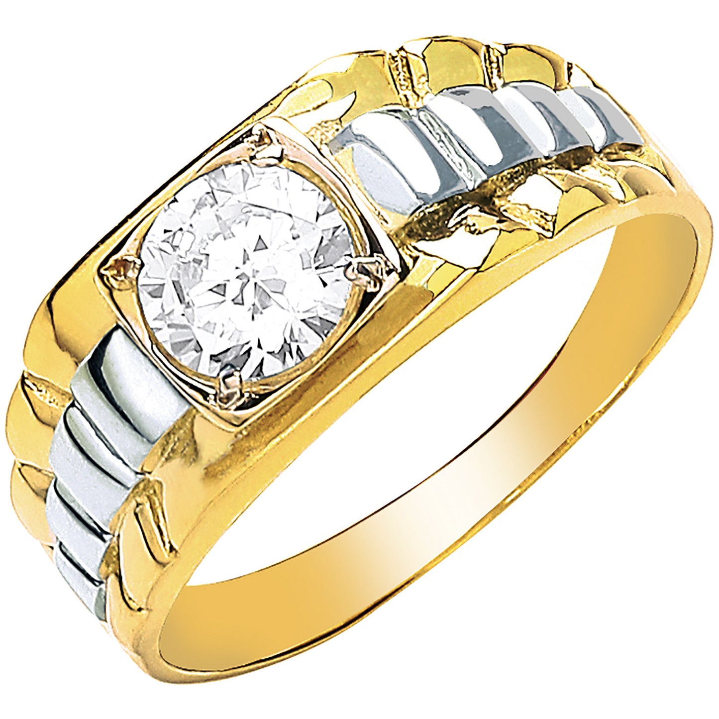 Yellow Gold Gents Square Top Cubic Zirconia Two Colour Ring - 9ct Gold