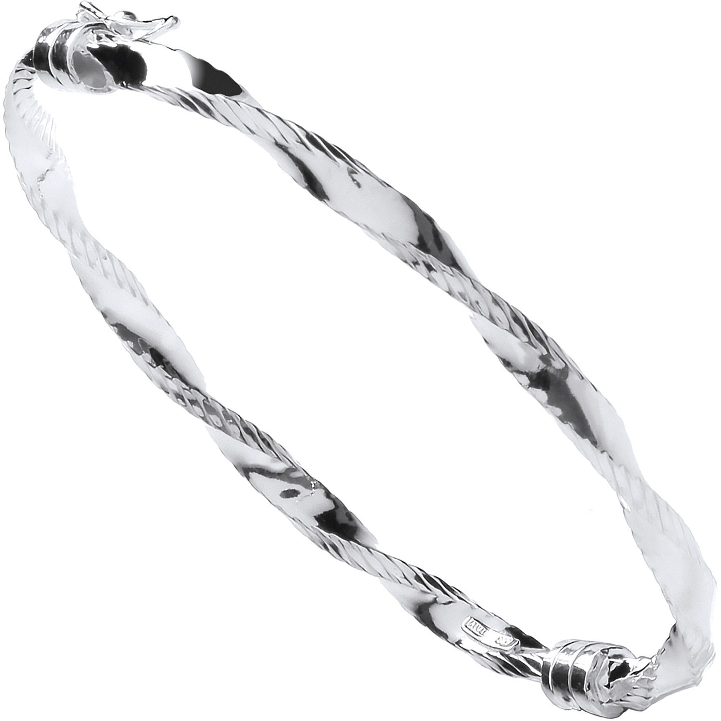Silver Twisted Ribbed Edge Hollow Hinged Bangle - Silver
