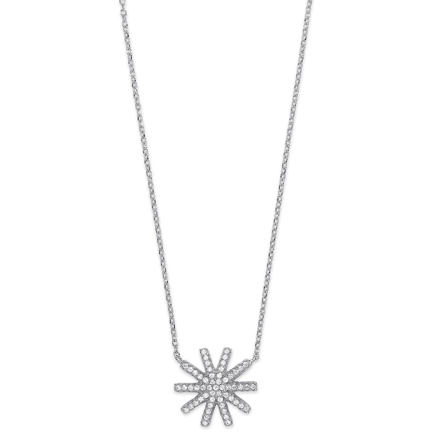 Silver Cubic Zirconia Starburst Pendant 16" Necklace - Silver