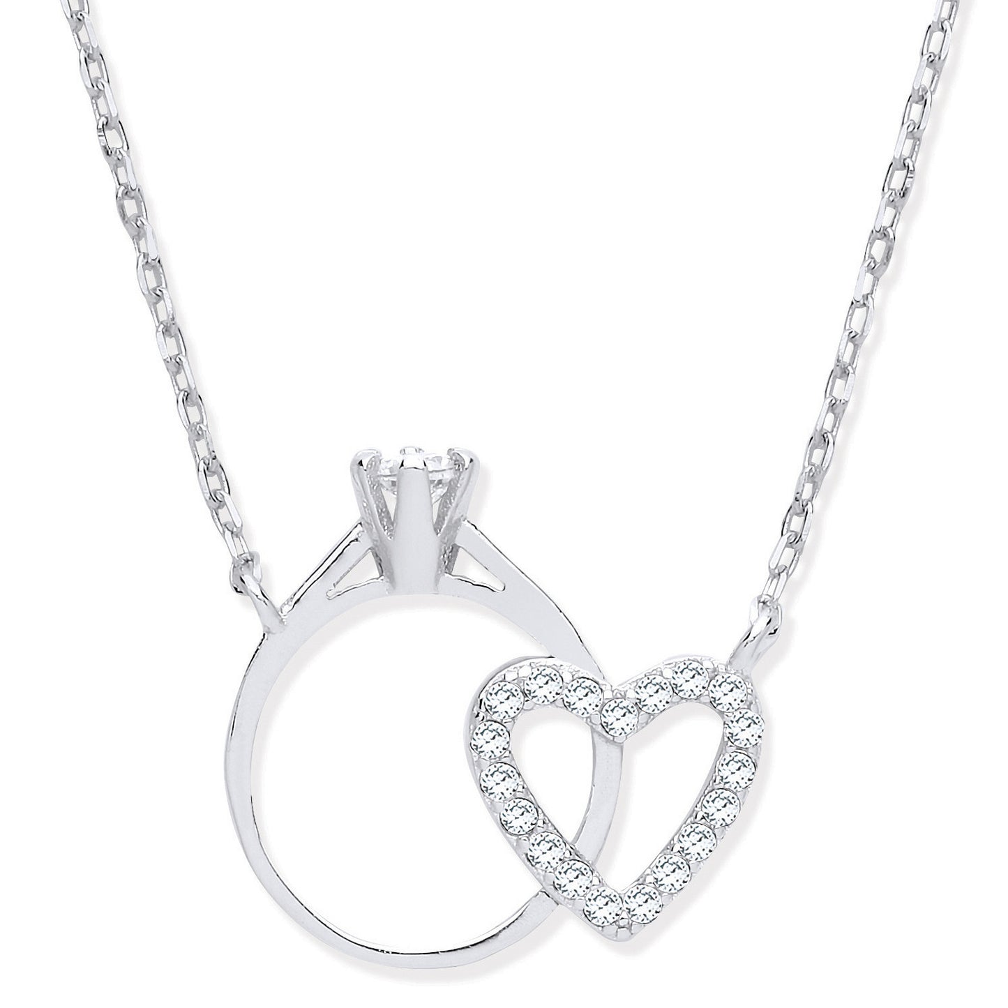 Silver Chain with Little Cubic Zirconia Engagement Ring & Heart - Silver