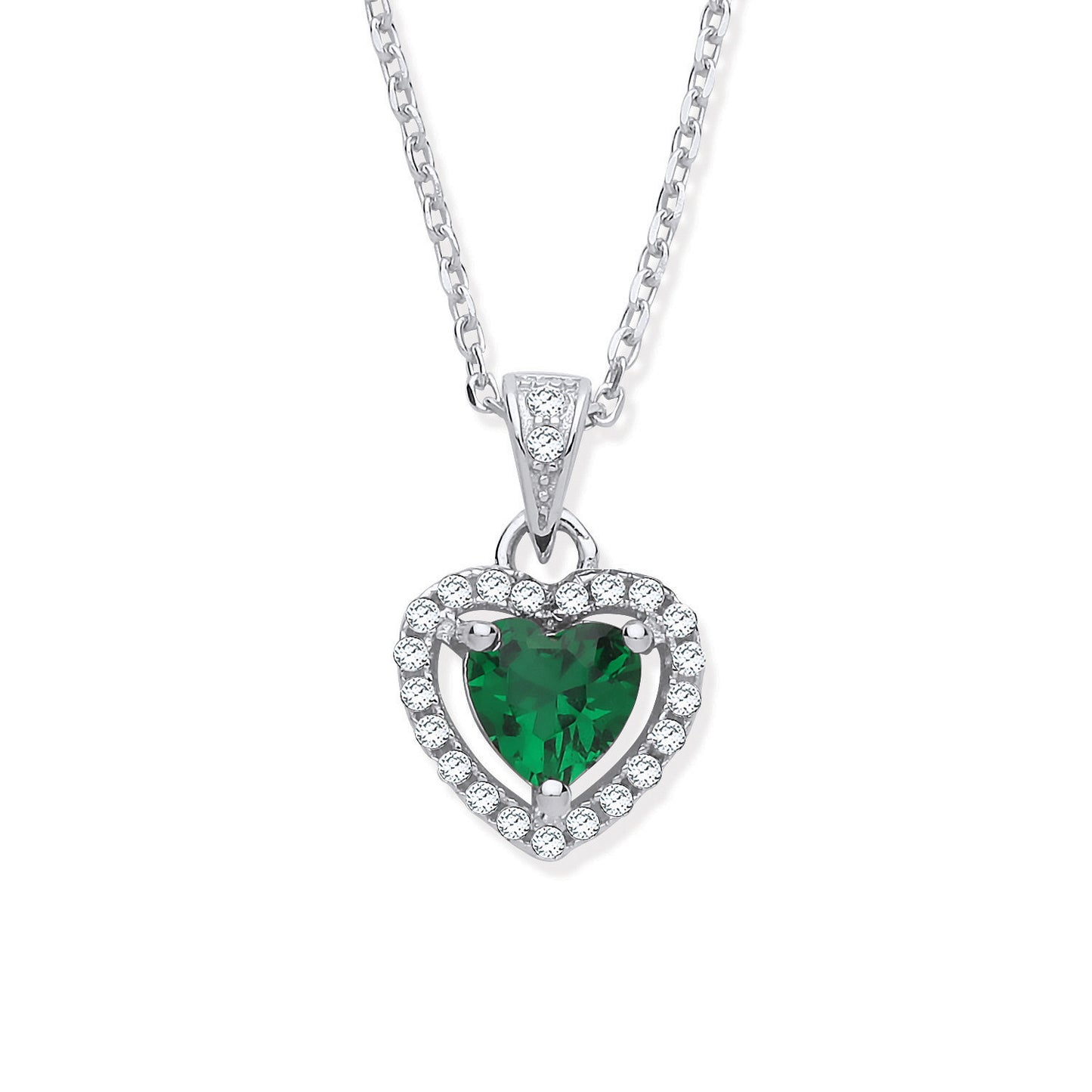 Silver Green Cubic Zirconia Halo Heart Pendant Necklace - Silver
