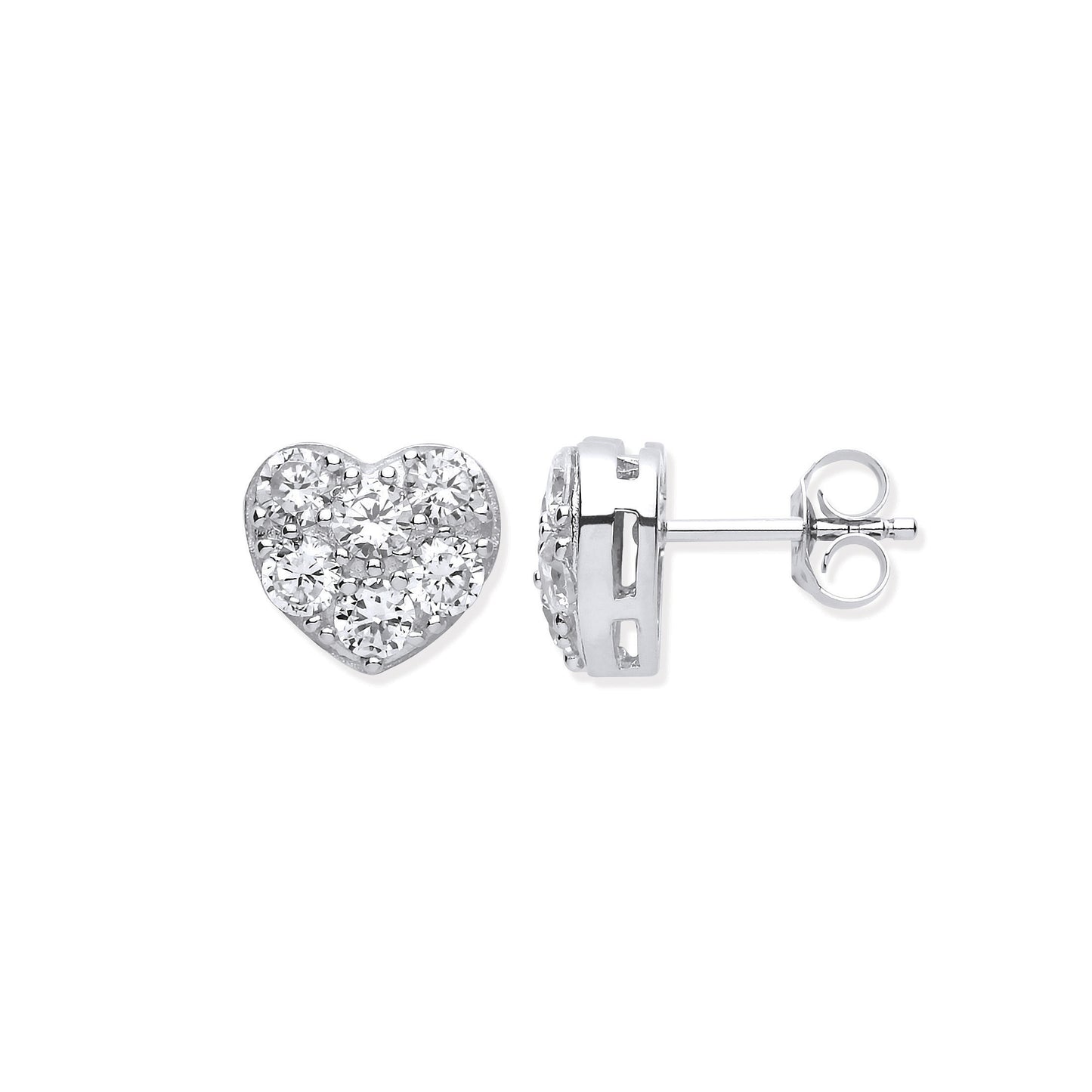Silver Pave Set Heart Stud Earrings - Silver
