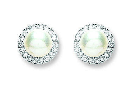 Silver Pearl & Cubic Zirconia Stud Earrings - Silver