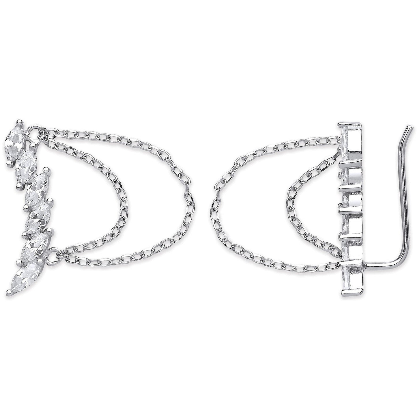 Silver Arc-shaped Ear Hook Marquee Cubic Zirconia with Chain Ear Clip Earrings - Silver