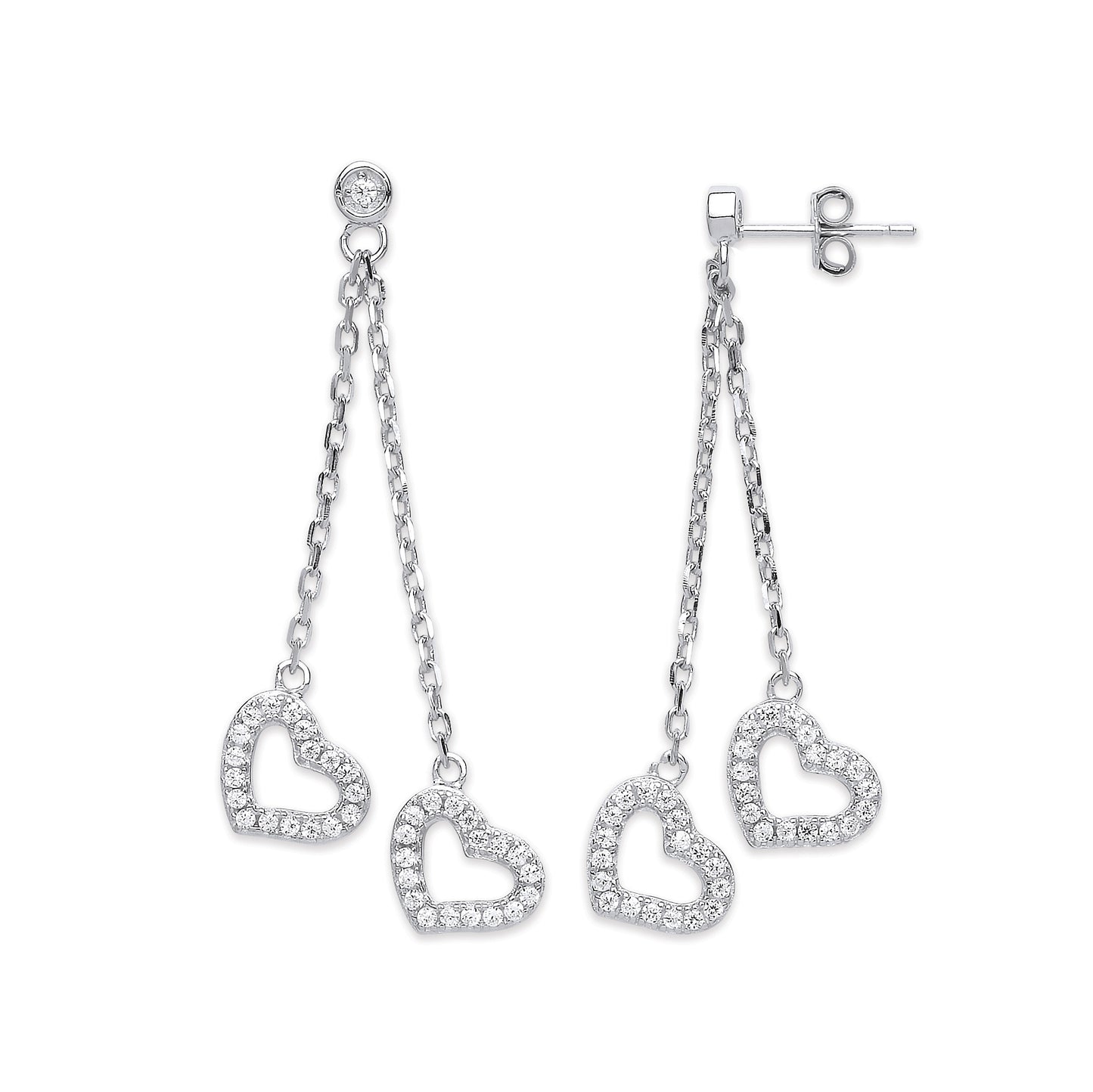 Silver 2-Strand Cubic Zirconia Hearts Drop Earrings - Silver