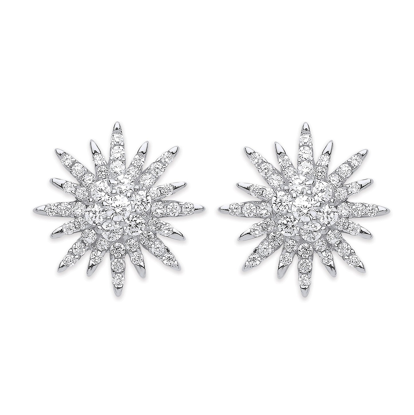 Silver Cubic Zirconia Starburst Stud Earrings - Silver