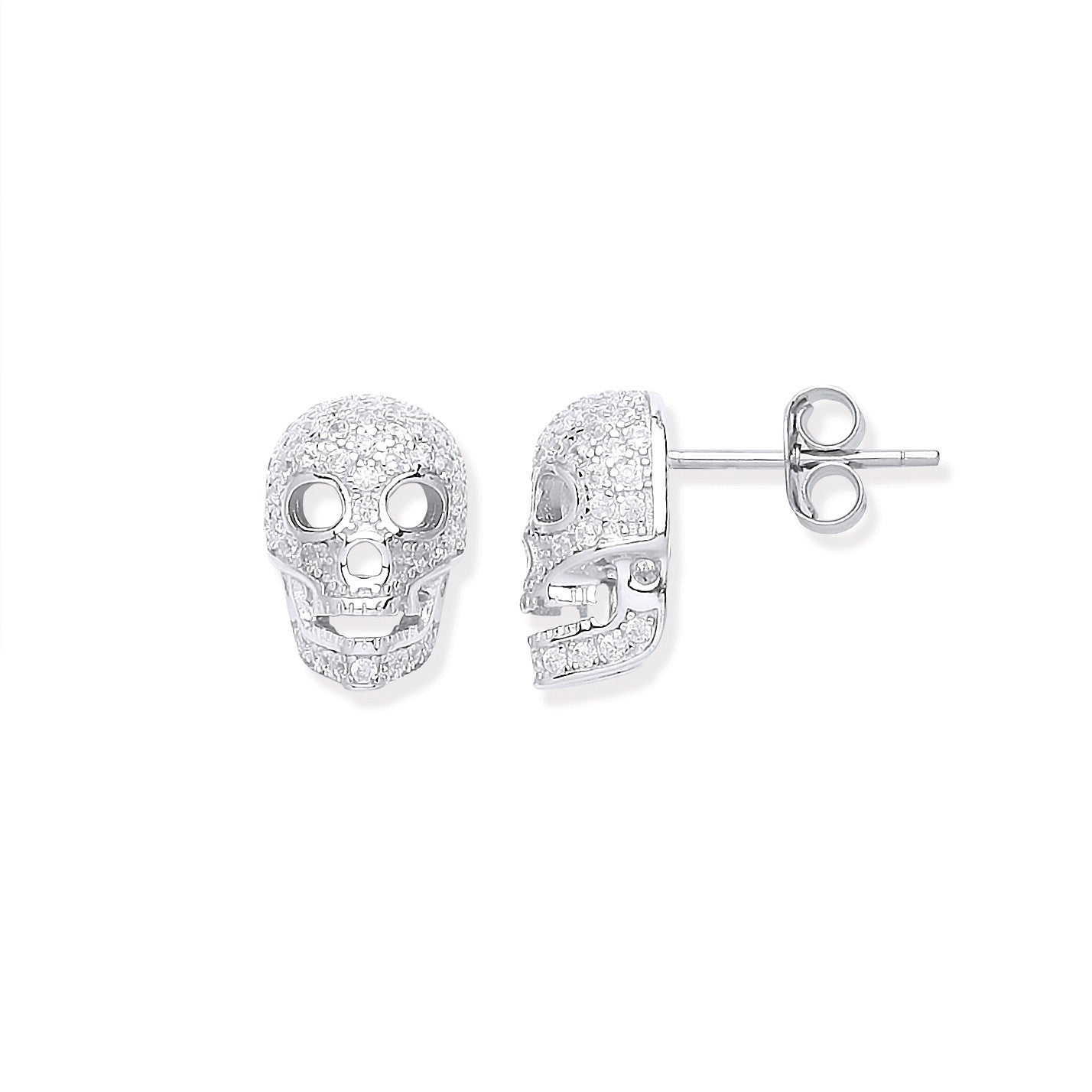 Silver Cubic Zirconia Skull Stud Earrings - Silver
