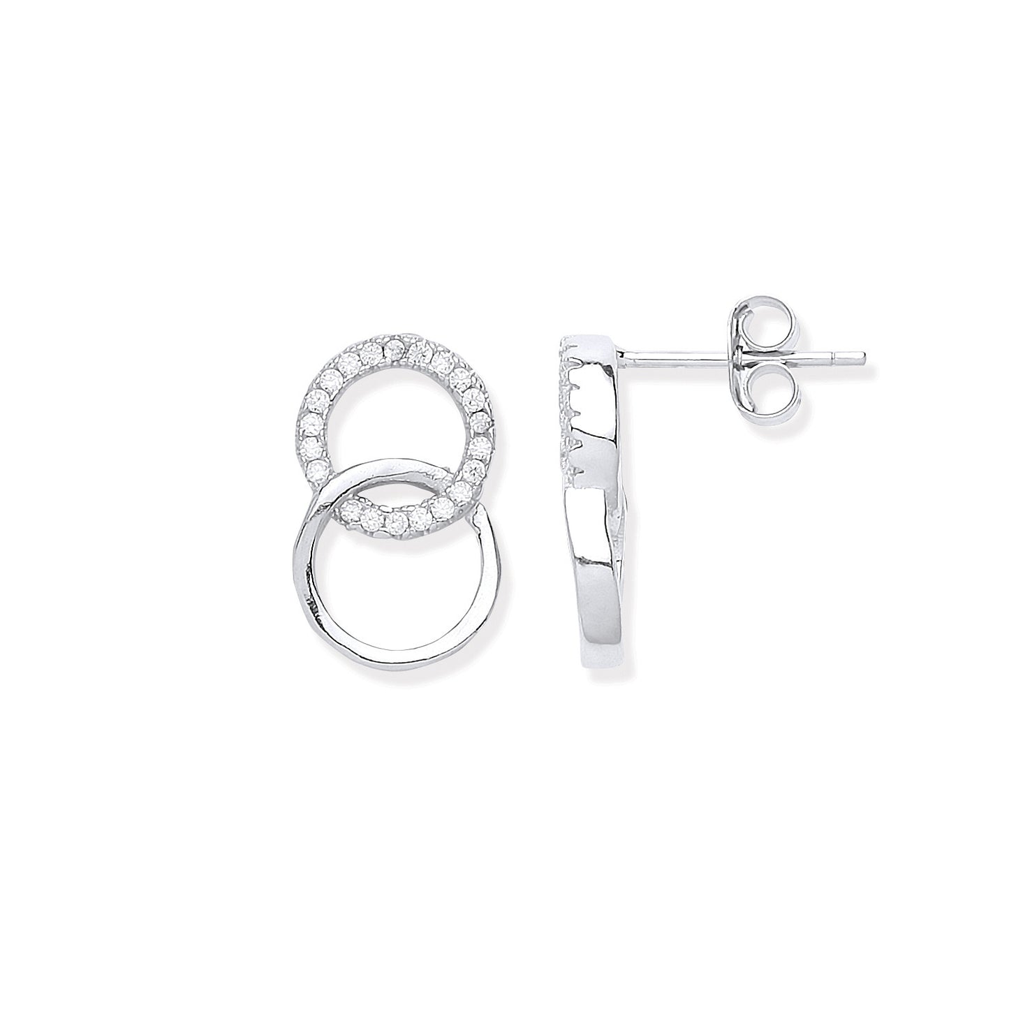 Silver Interlocking Circles Cubic Zirconia Stud Earrings - Silver