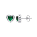 Silver Green Cubic Zirconia Halo Heart Stud Earrings
