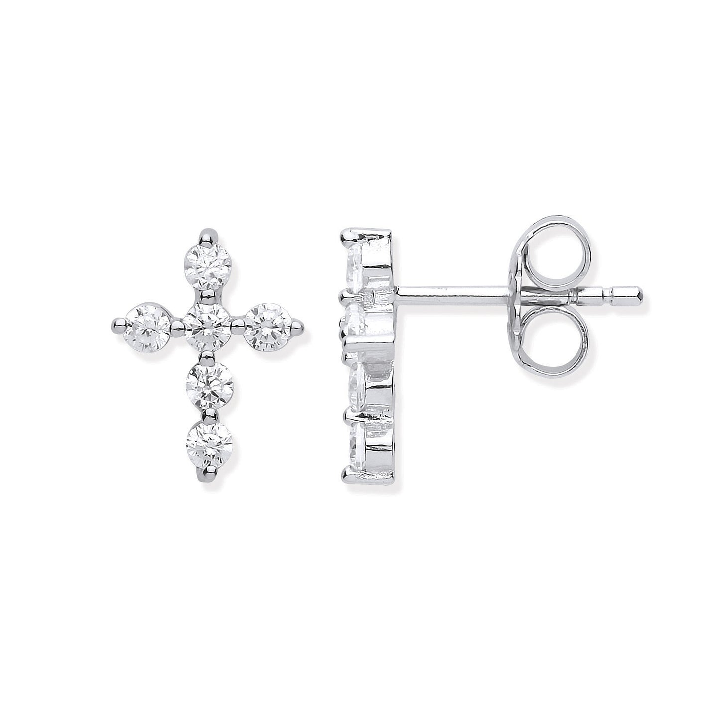 Silver Cubic Zirconia Small Cross Stud Earrings - Silver