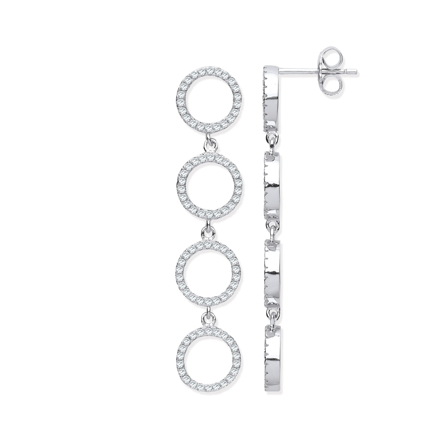 Silver Cubic Zirconia Circle of Life Long Drop Earrings - Silver