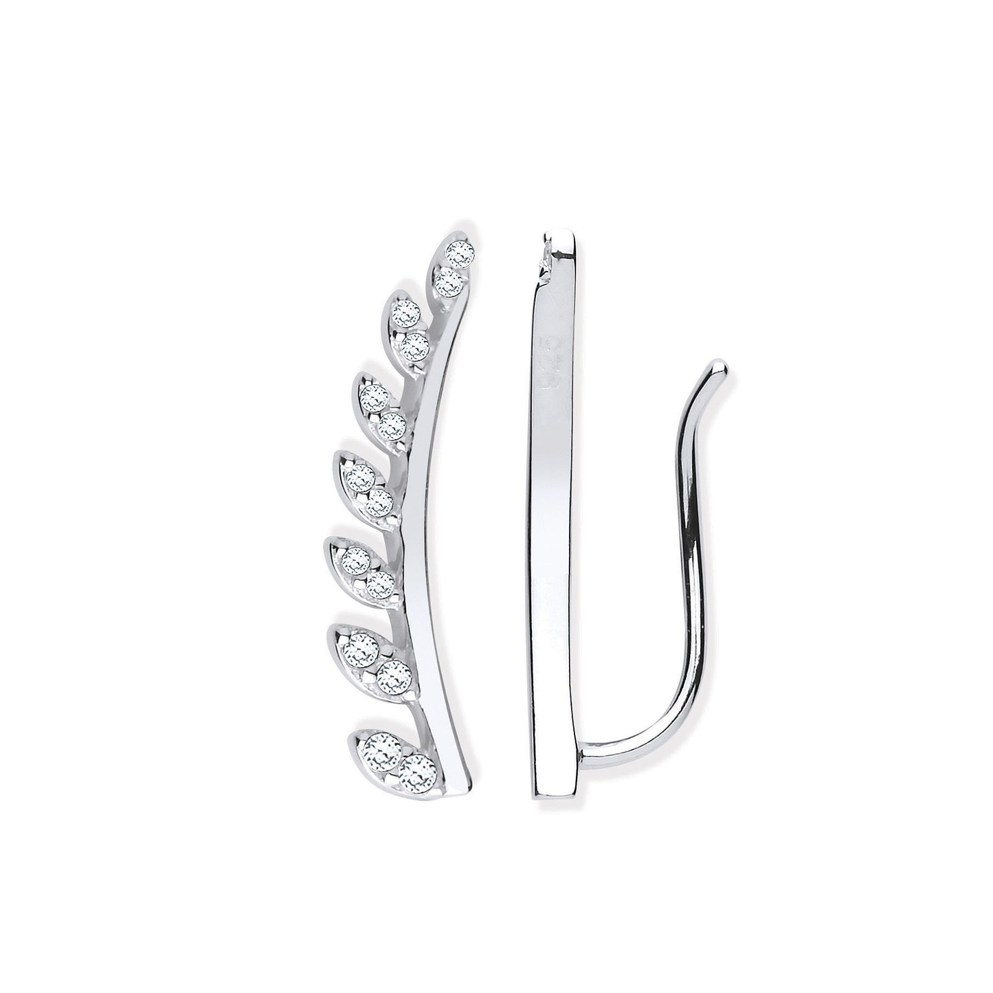 Silver Cubic Zirconia Half Leaf Earcuff, Crawler, Earrings - Silver