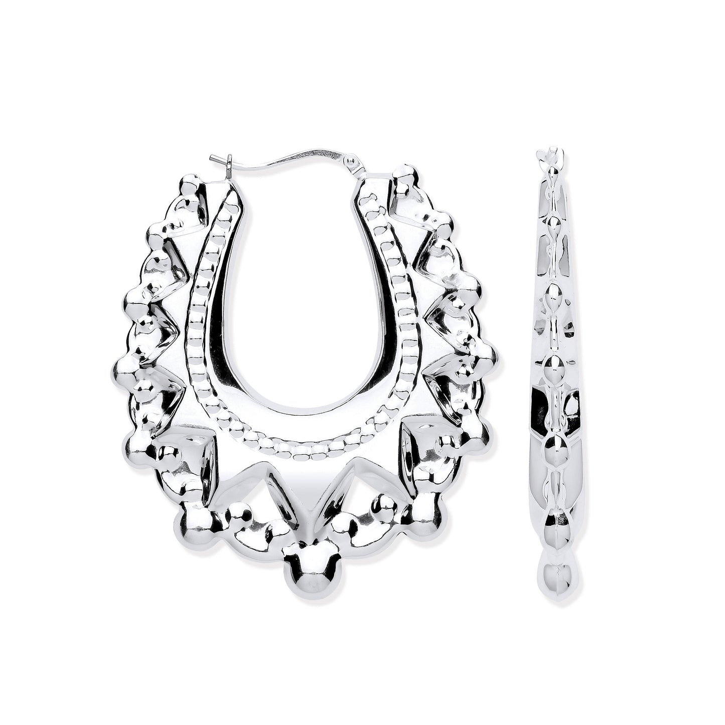 Silver Embossed Hinged Large Oval Creoles - Silver