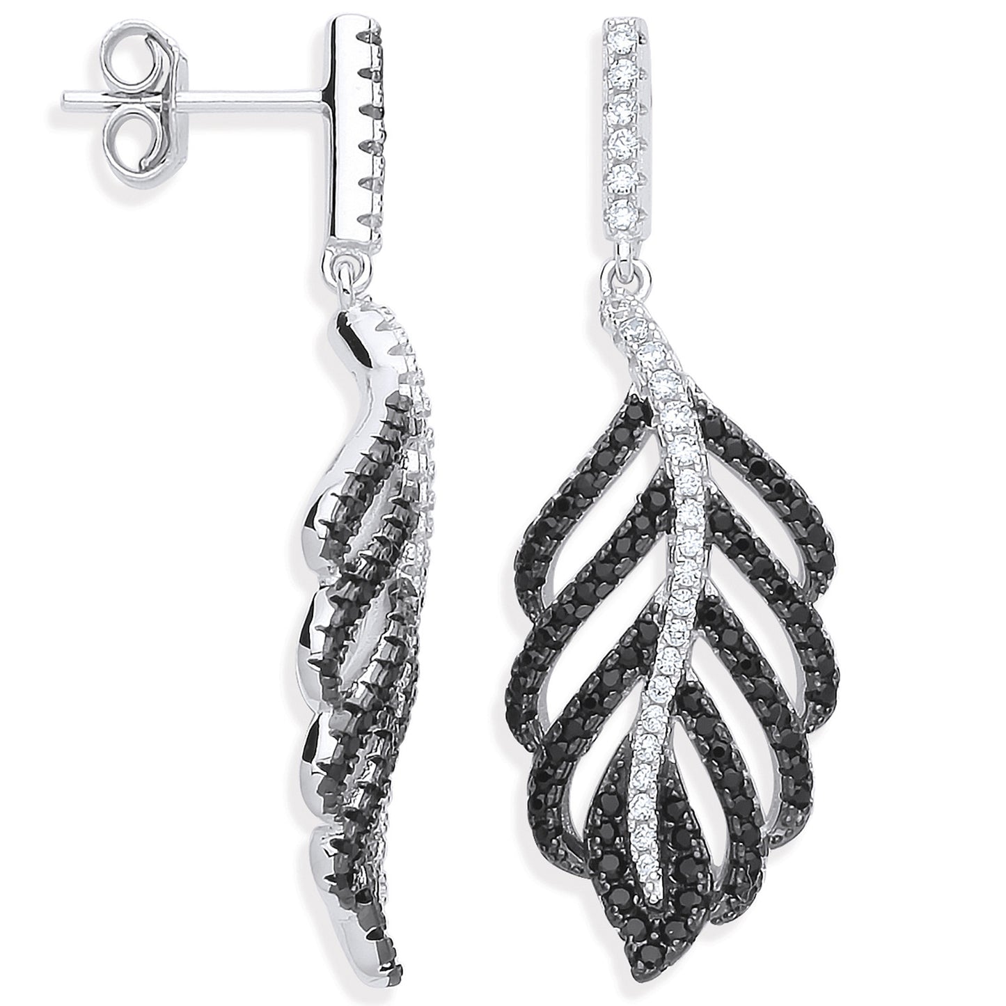 Silver Black & Clear Cubic Zirconia Leaf Drop Earrings - Silver