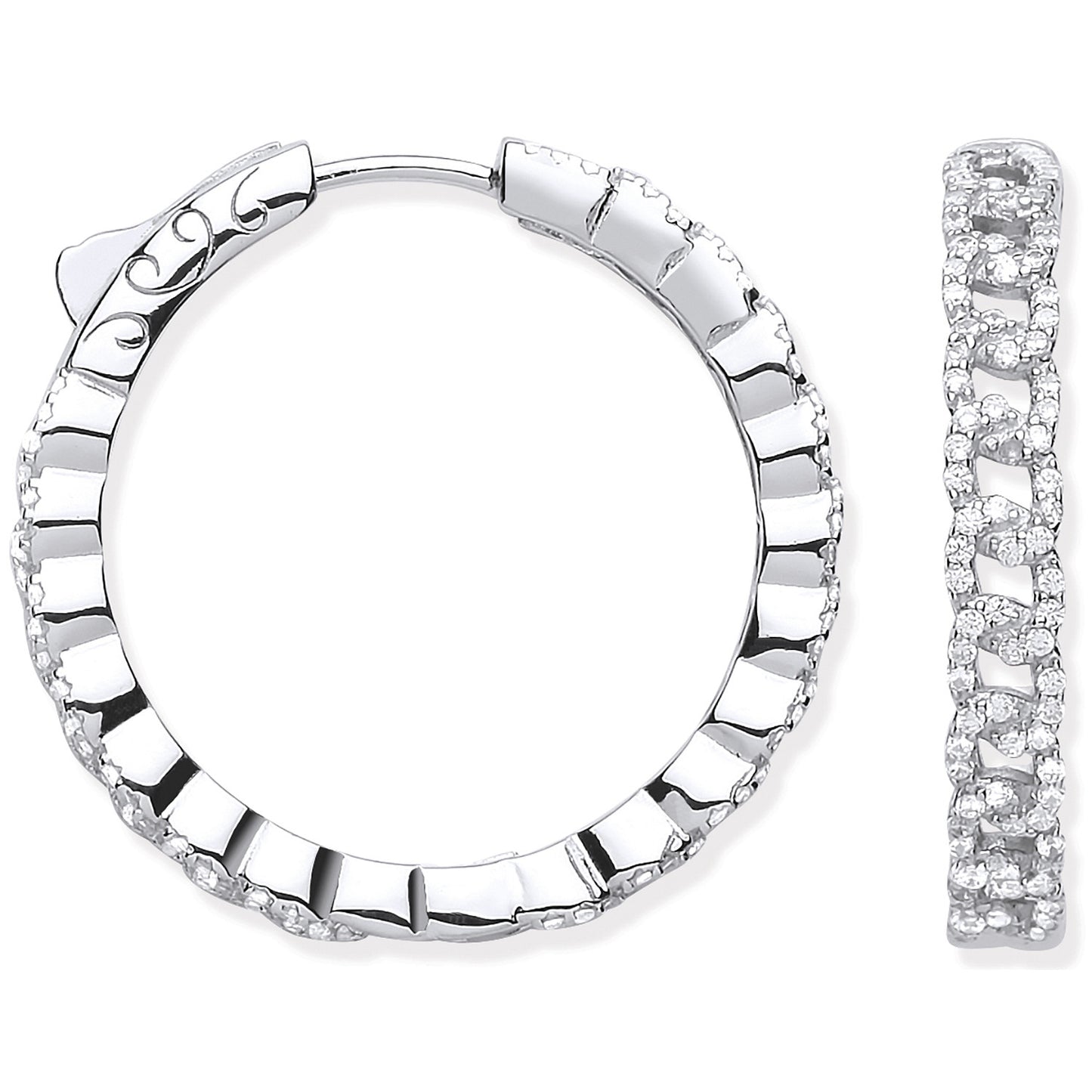 Silver Curb Chain Link Cubic Zirconia Hoop Earrings - Silver