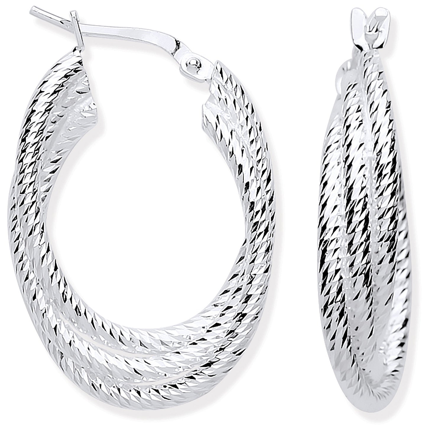 Silver Ribbed Oval 3 Row Hoop Earrings - Silver