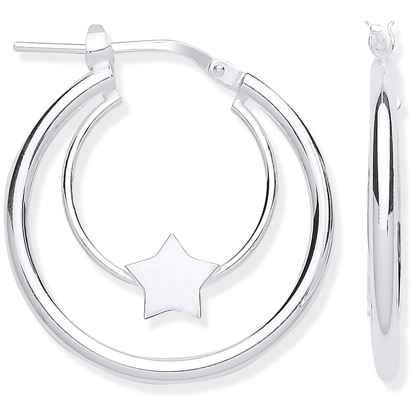Silver Double Tube Star Hoop Earrings - Silver