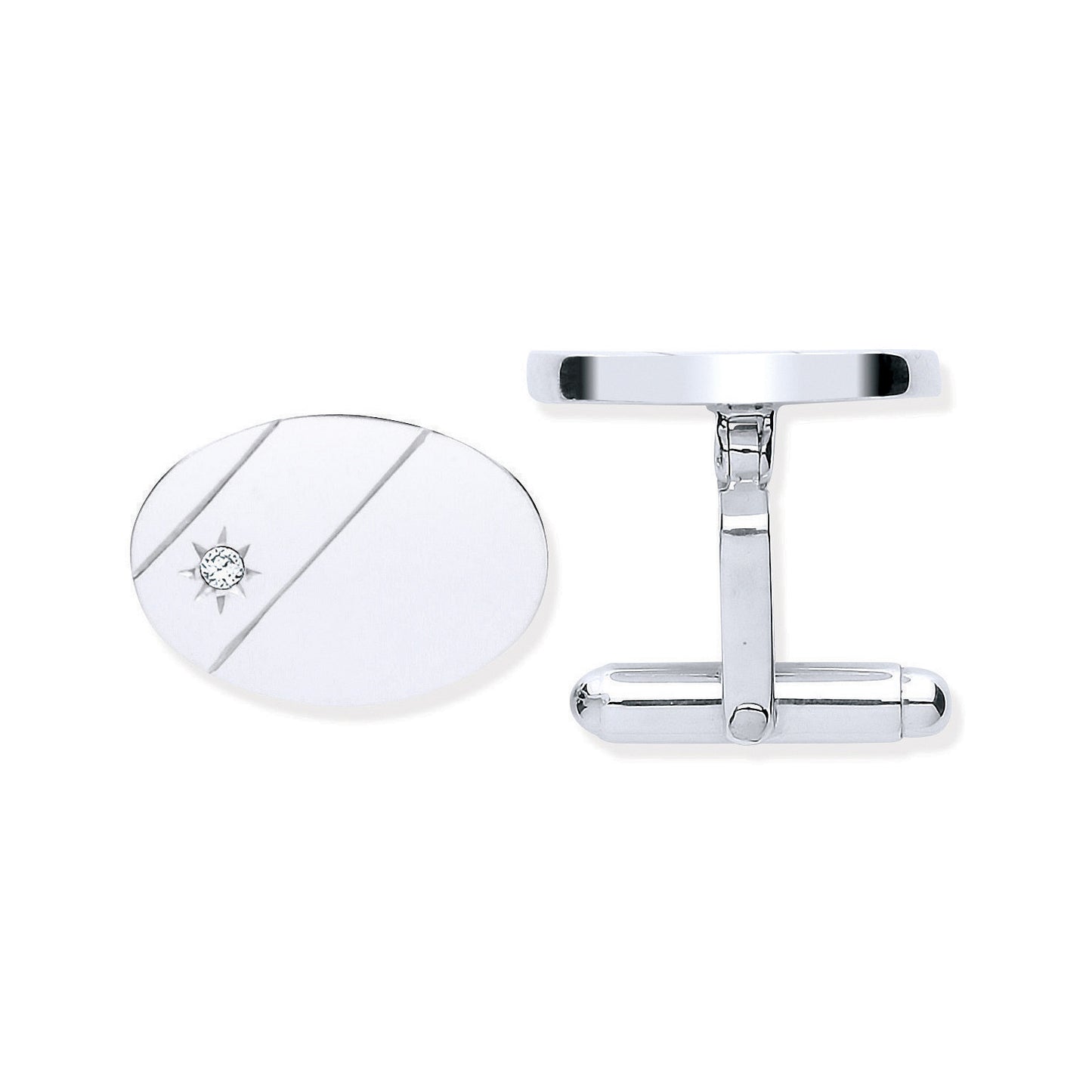 Silver Cubic Zirconia, Plain Oval Cufflinks - Silver