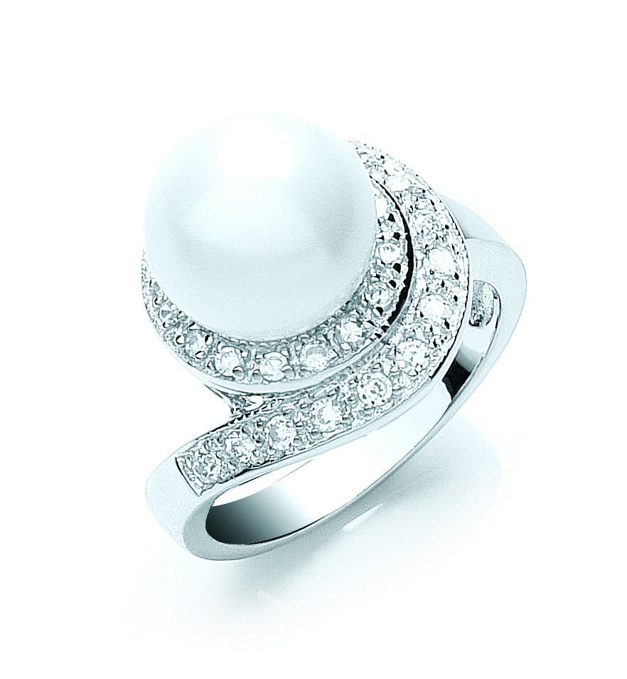 Silver Cubic Zirconia & Pearl Ring - Silver
