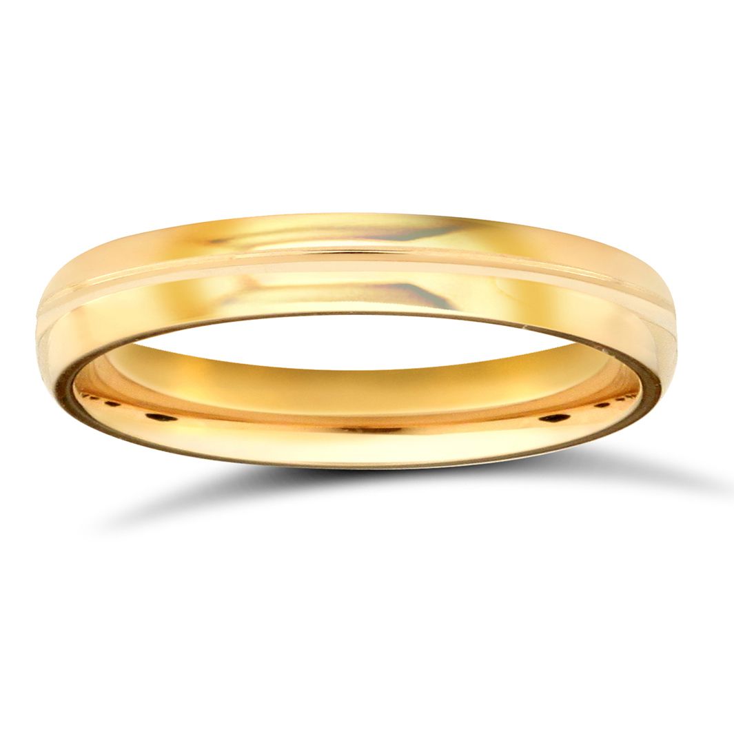 22ct Yellow Gold Standard Weight 3mm Court Profile Centre Groove Wedding Ring