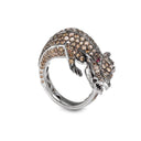 Crocodile Ring in 18k White and Burnished Gold with Brown Diamonds and Orange Sapphires