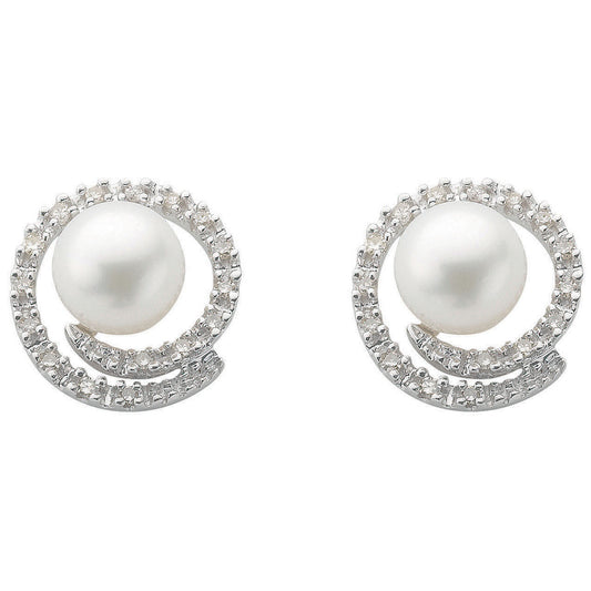9ct White Gold 0.18ct Diamond & Pearl Stud Earrings - 9ct Gold