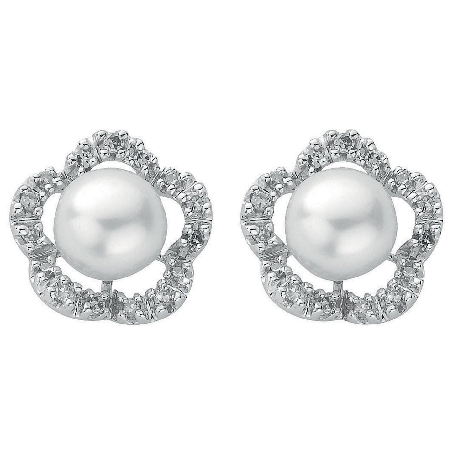 9ct White Gold 0.17ct Diamond & Pearl Stud Earrings - 9ct Gold