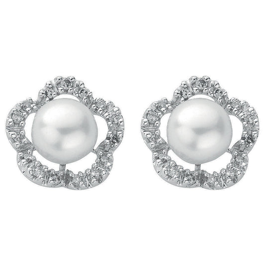 9ct White Gold 0.17ct Diamond & Pearl Stud Earrings - 9ct Gold