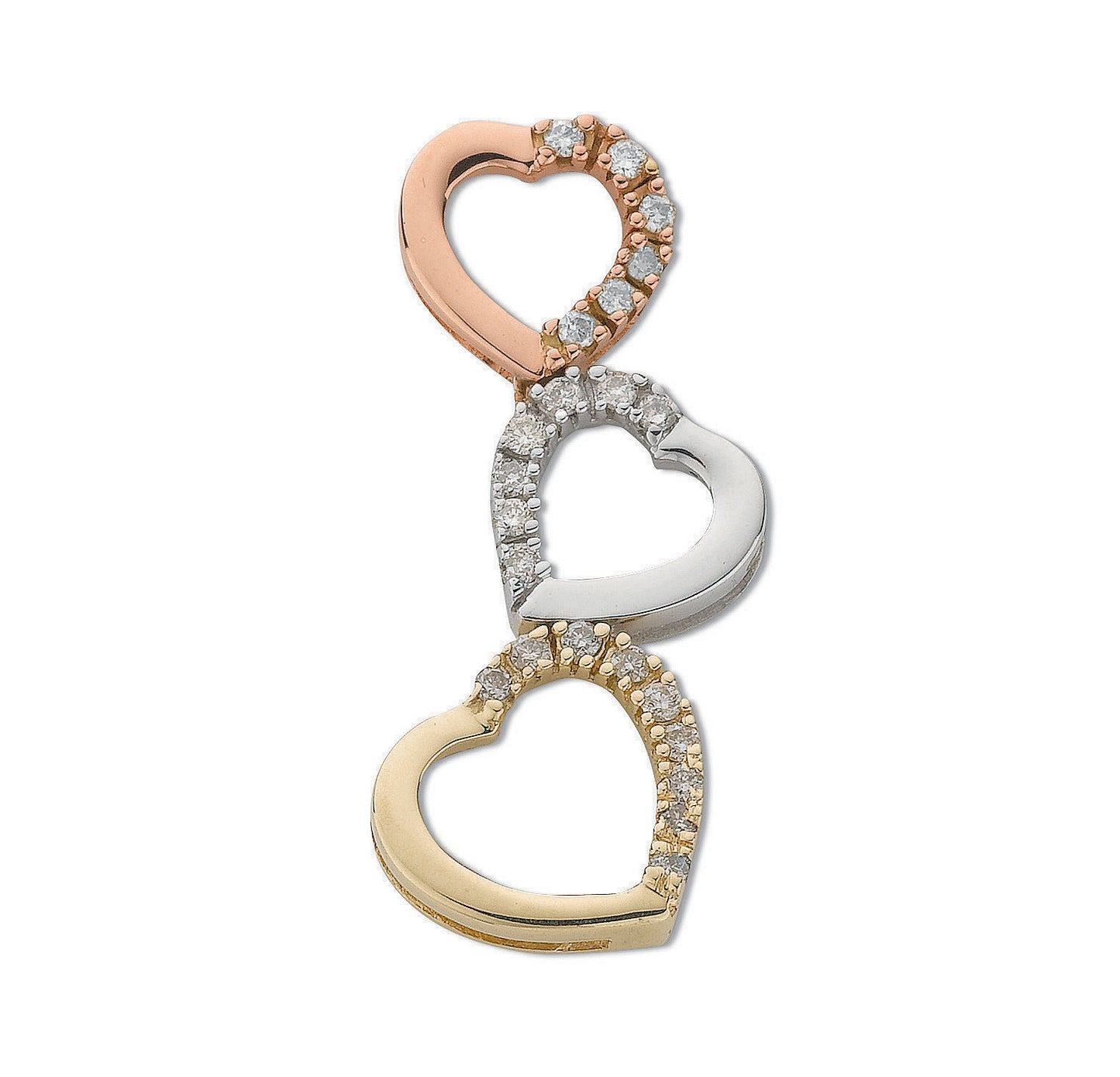 9ct Three Colour Gold 0.15ct Diamond Heart Drop Pendant - 9ct Gold