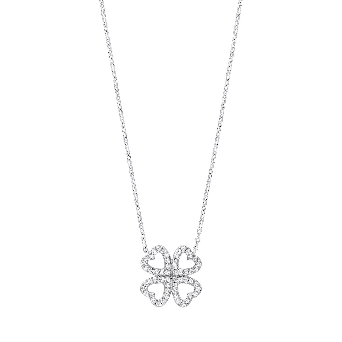 9ct White Gold 0.18ct Diamonds Four-leaf Clover (18in/45cm) Chain - 9ct Gold