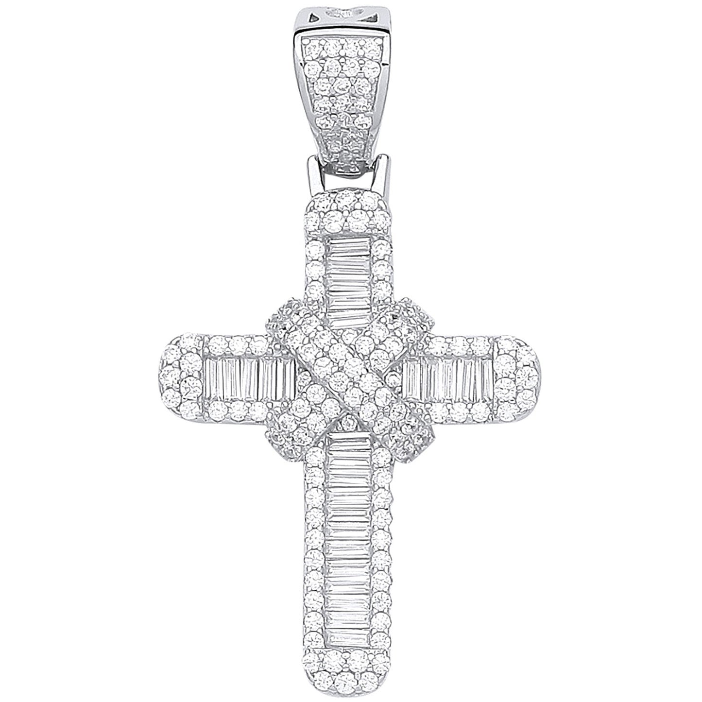 Silver Round & Baguette Cubic Zirconias Kiss Cross - Silver