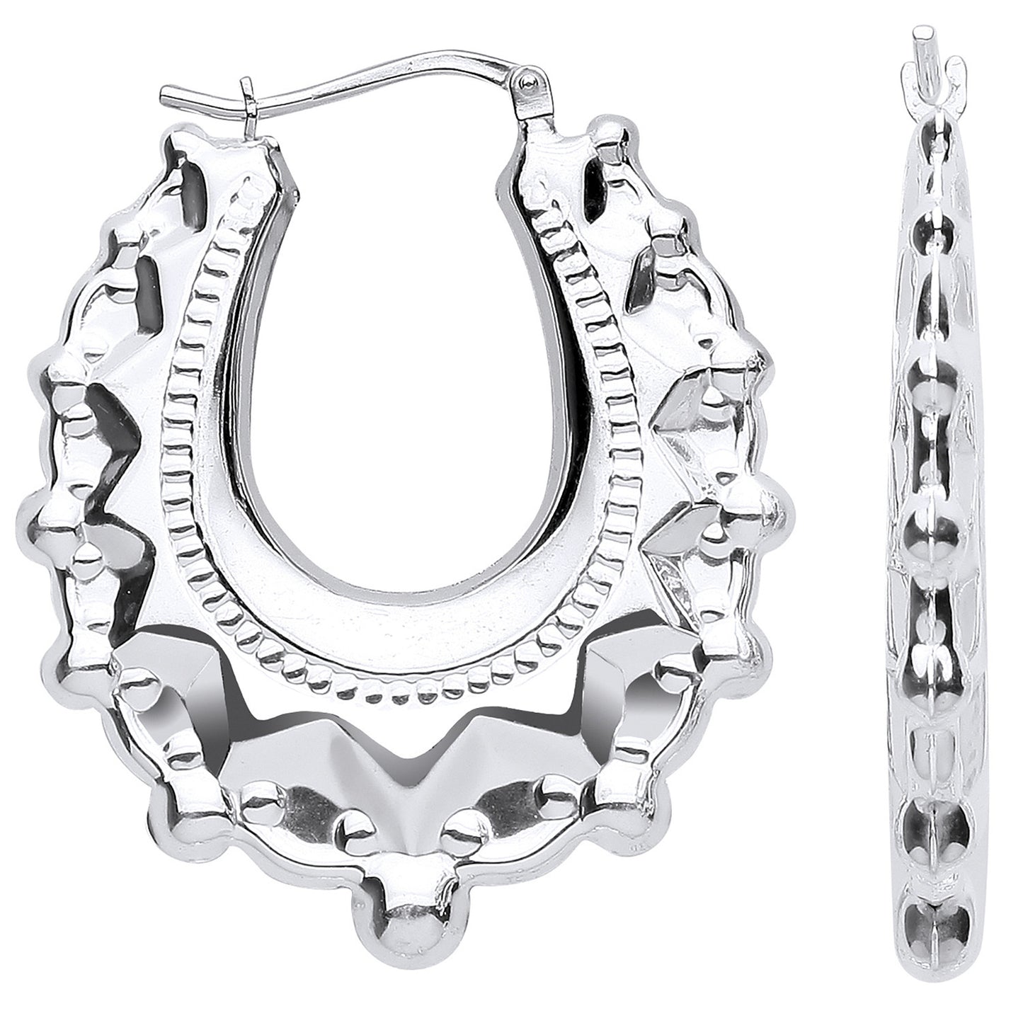 Silver Embossed Hinged Medium Oval Creoles - Silver