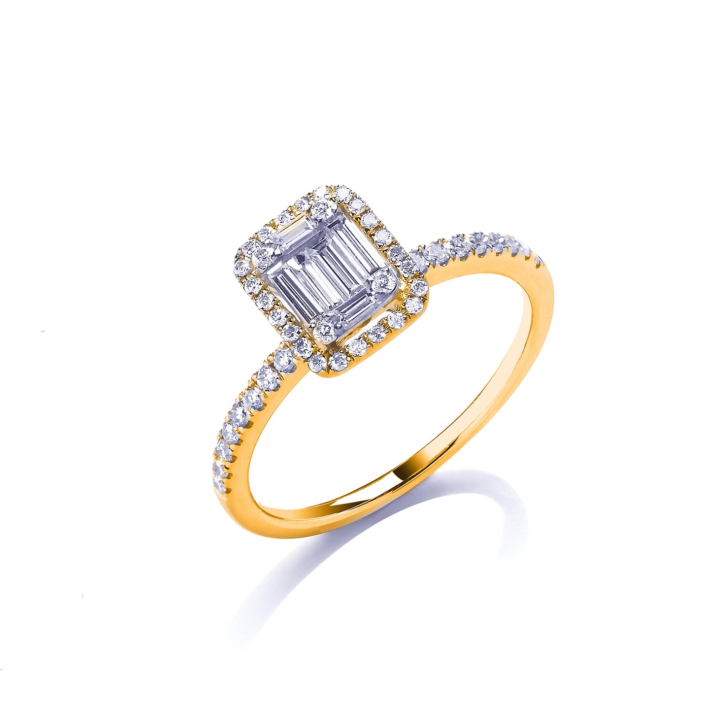 18ct Yellow Gold 0.50ct Baguette & Brilliant Cut Diamonds Rectangle Halo Ring - 18ct Gold