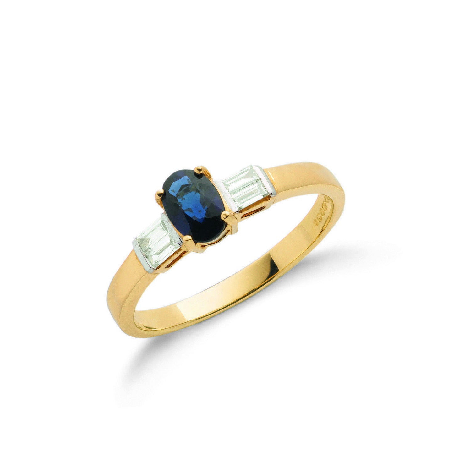 9ct Yellow Gold Baguette Cut 0.11ct Diamond & 0.60ct Blue Sapphire Ring - 9ct Gold