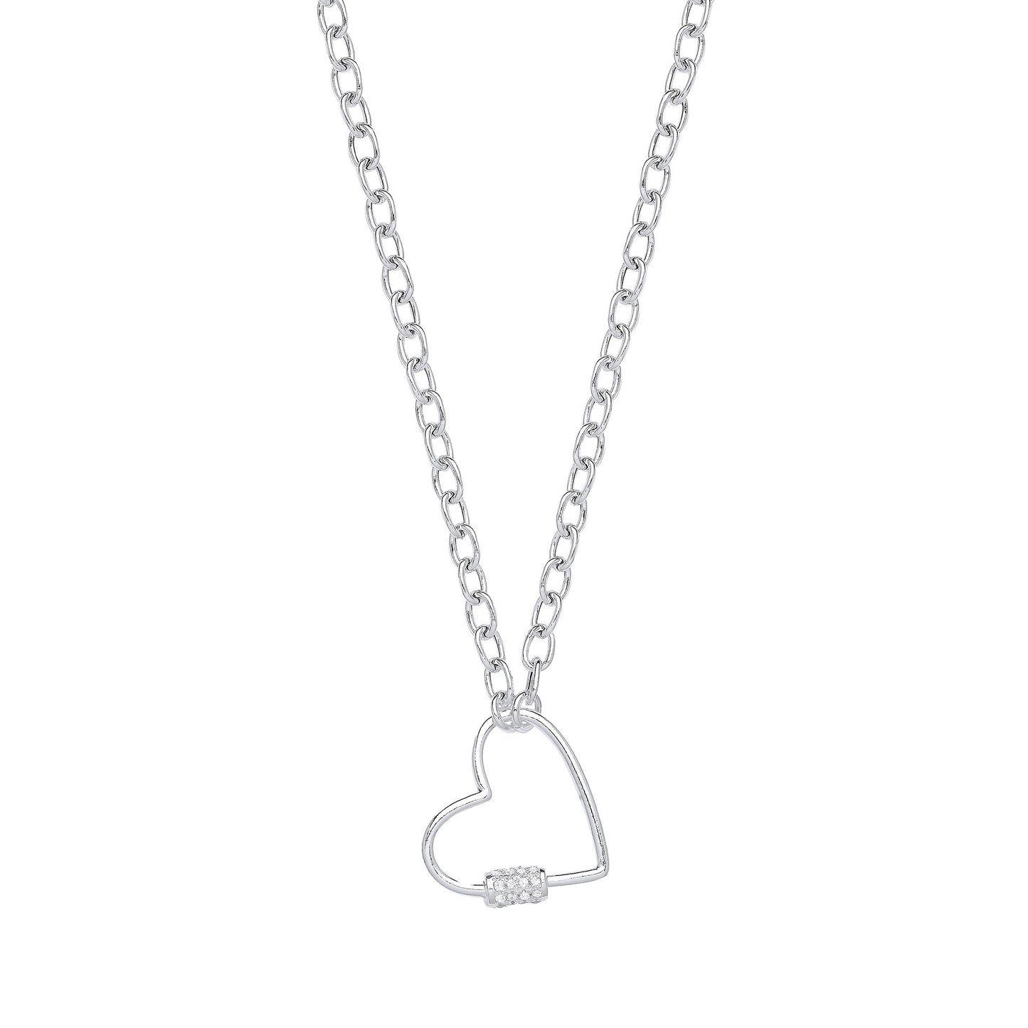Silver Oval Link Chain , Heart Cubic Zirconia Charm Necklace - Silver