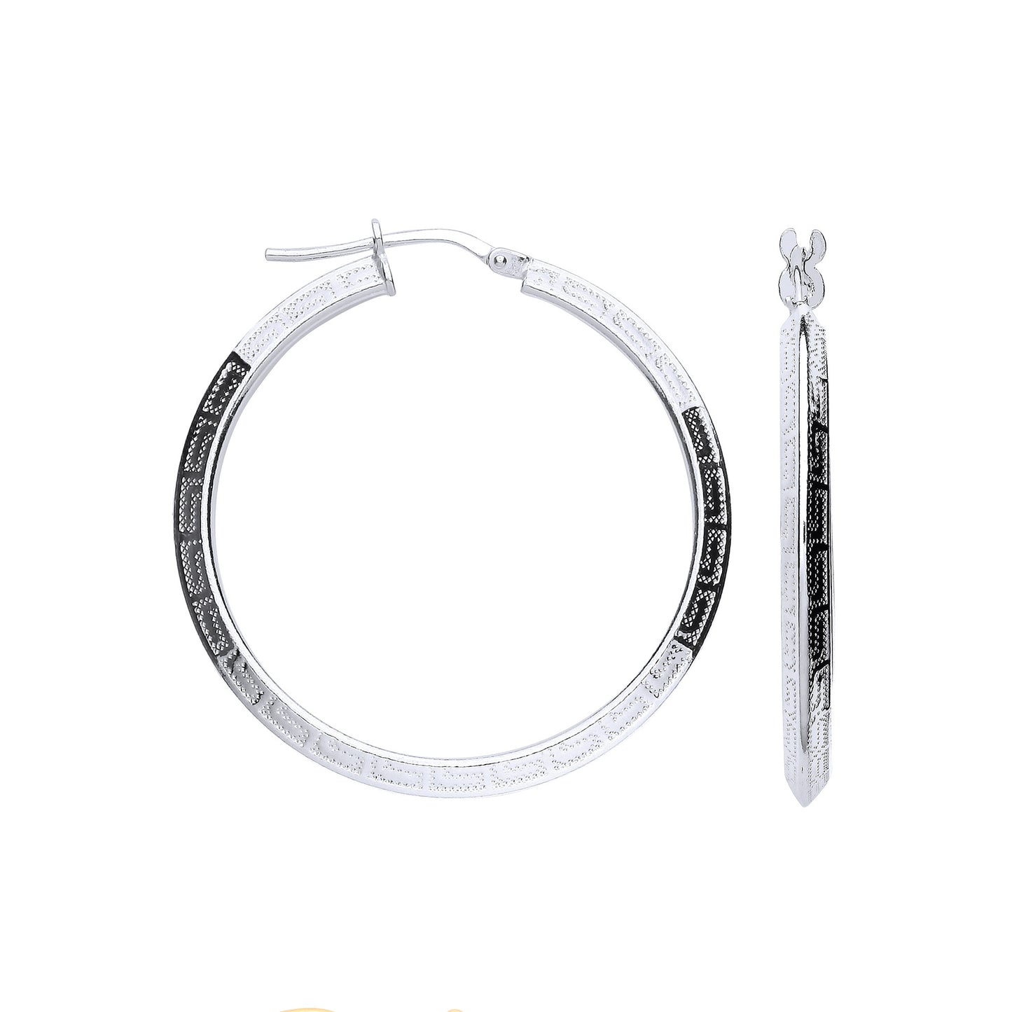 Silver Greek Key 35mm Hoop Hollow Earrings - Silver