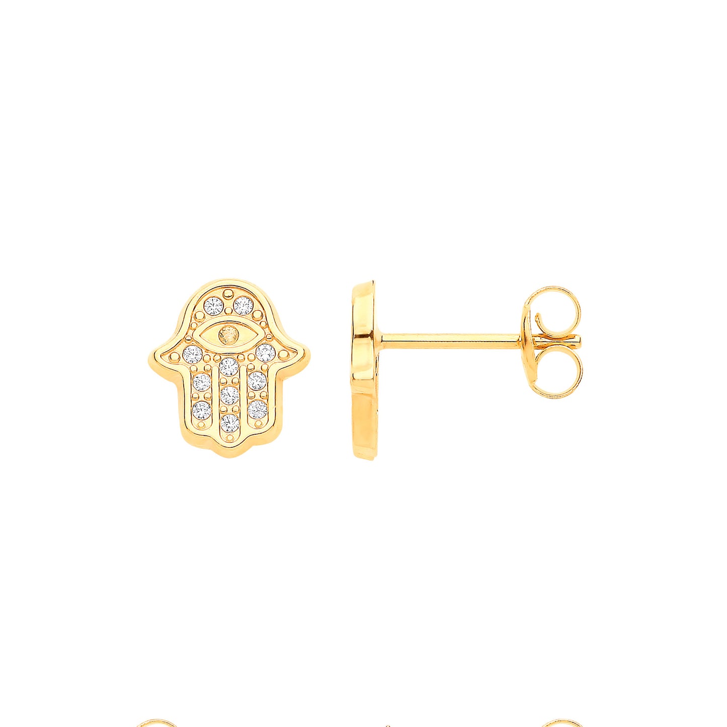 9ct Yellow Gold Hamsa with Evil Eye Cubic Zirconia Studs - 9ct Gold
