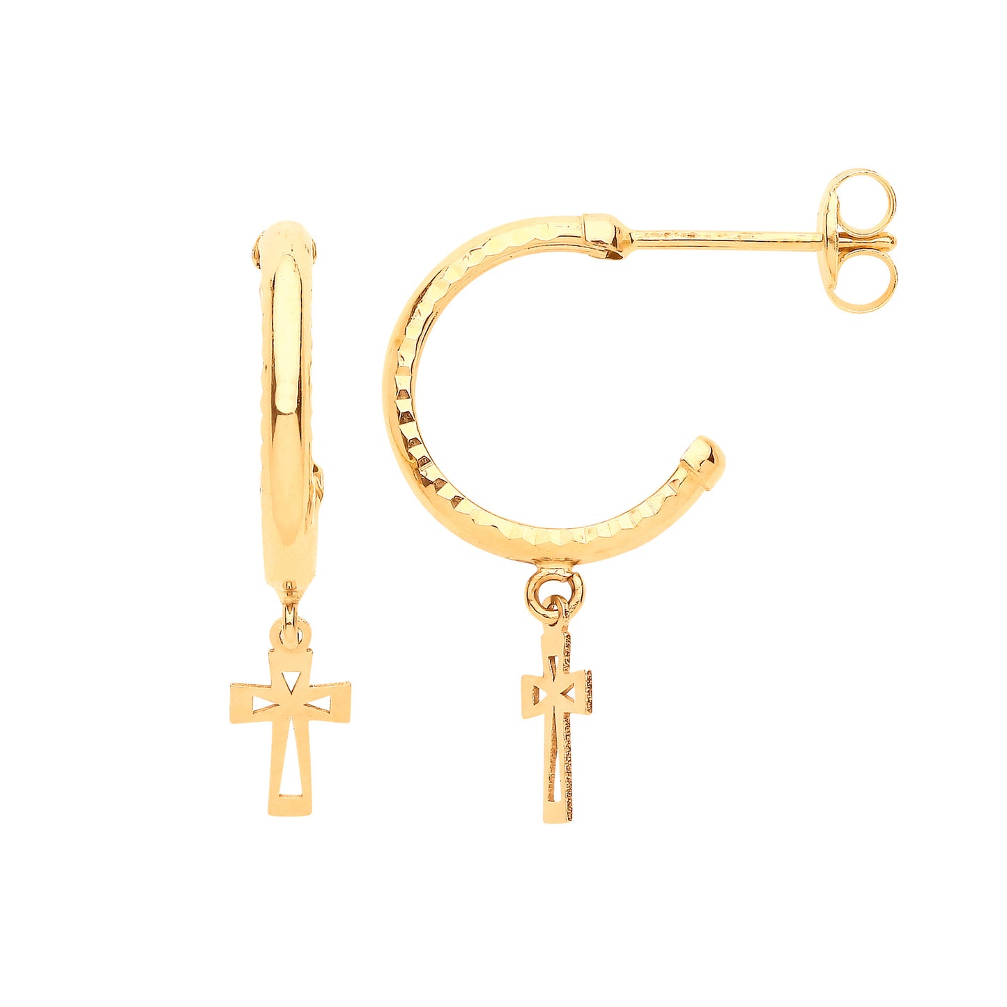 Yellow Gold D/C Hoop Studs with Cross Drop - 9ct Gold
