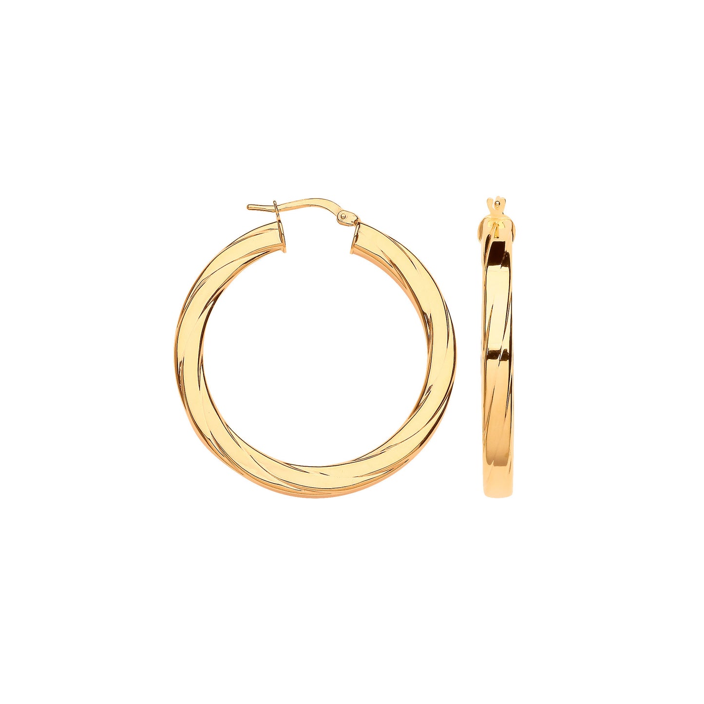 Yellow Gold 38mm Square Tube Ribbed Hoop Earrings - 9ct Gold