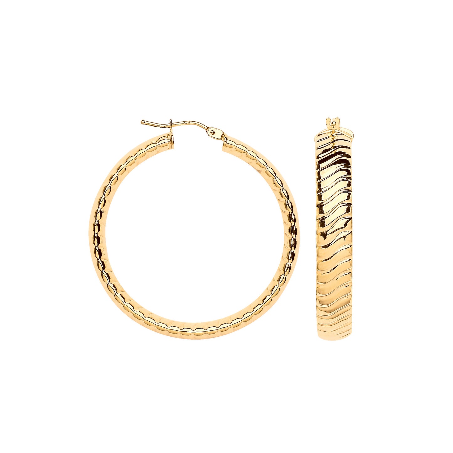 Yellow Gold 36mm Wavy Ribbed Hoop Earrings - 9ct Gold