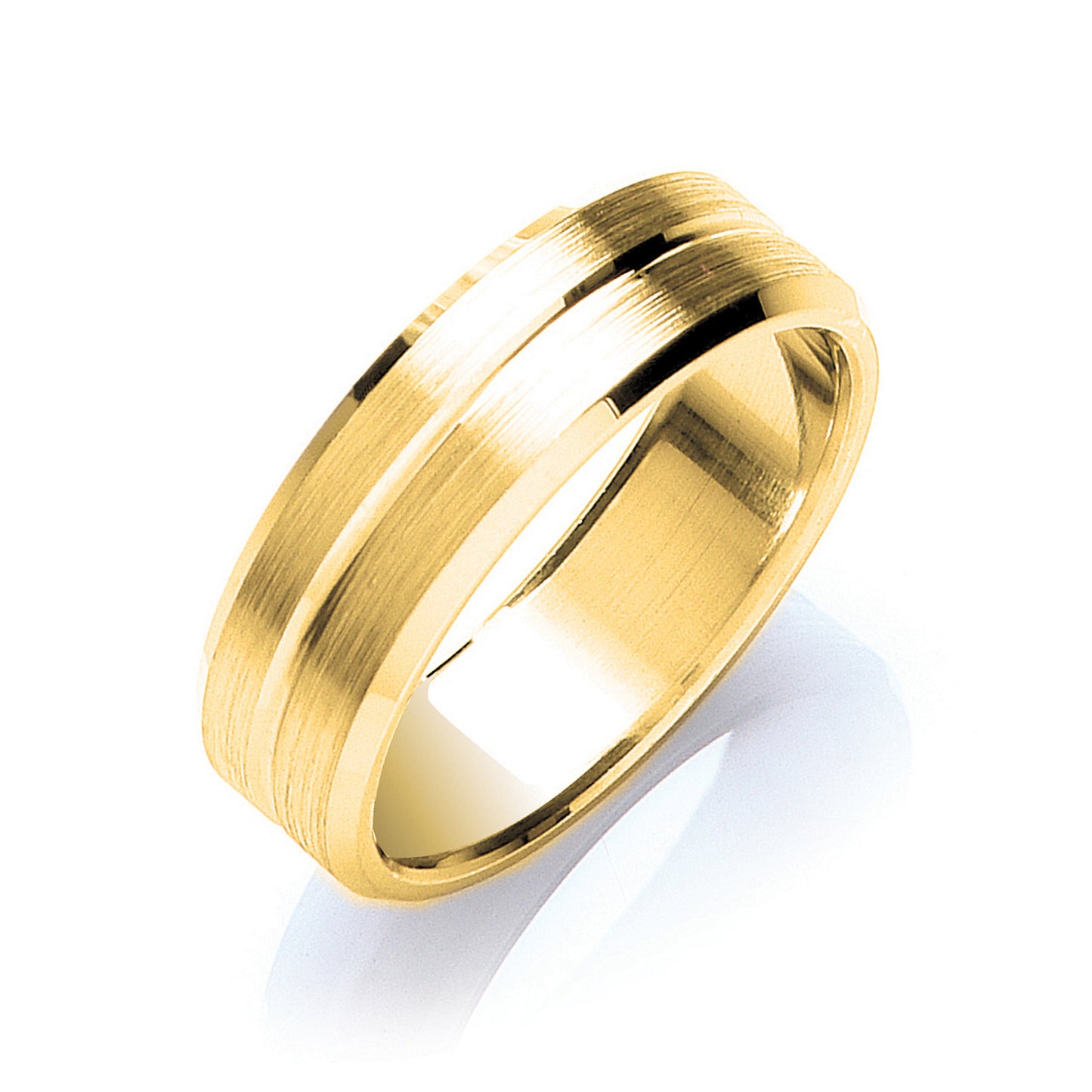 7mm Flat Court Bevelled Edge Centre Groove Matt Wedding Band - 9ct Gold
