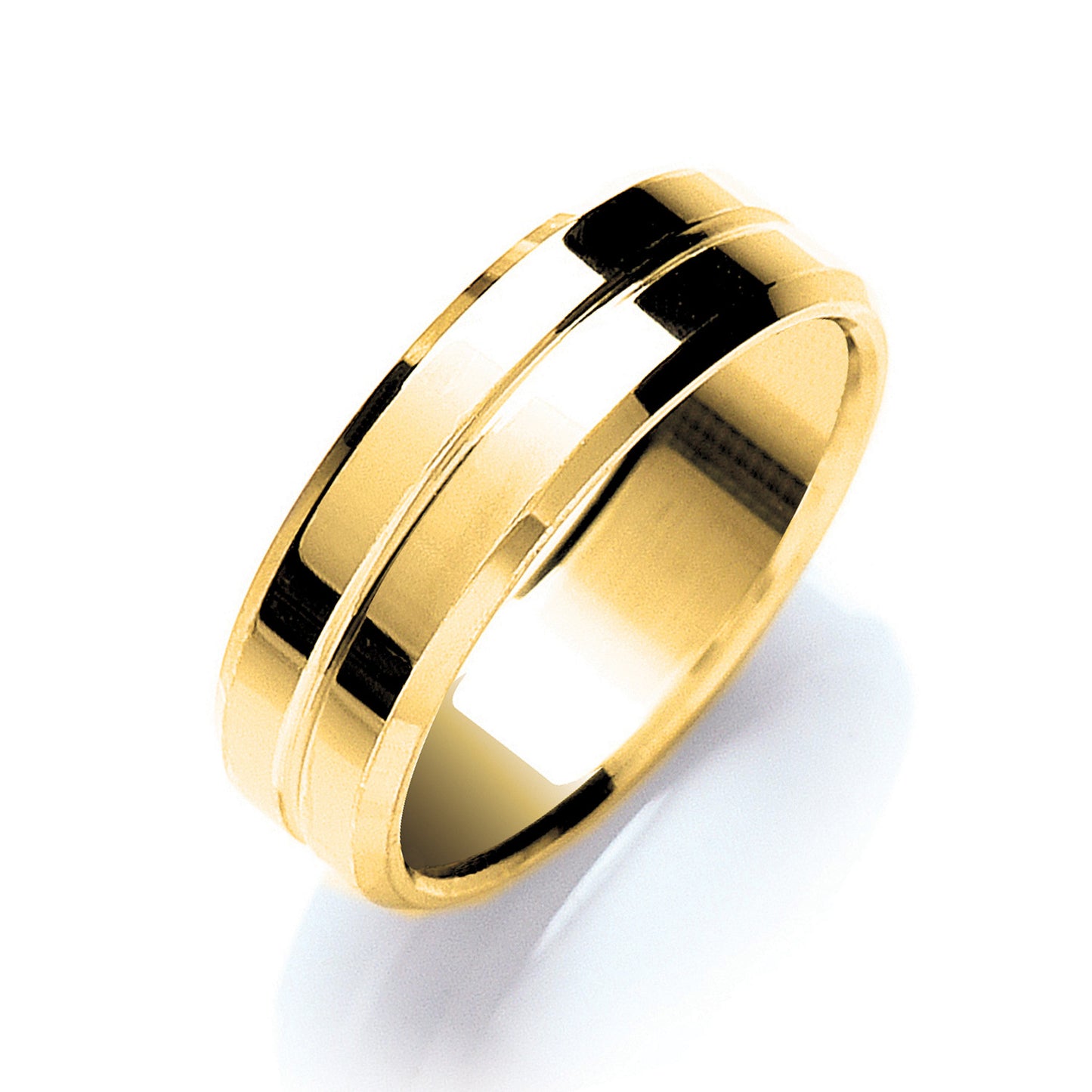 7mm Flat Court Bevelled Edge Centre Groove Polish Wedding Band - 9ct Gold