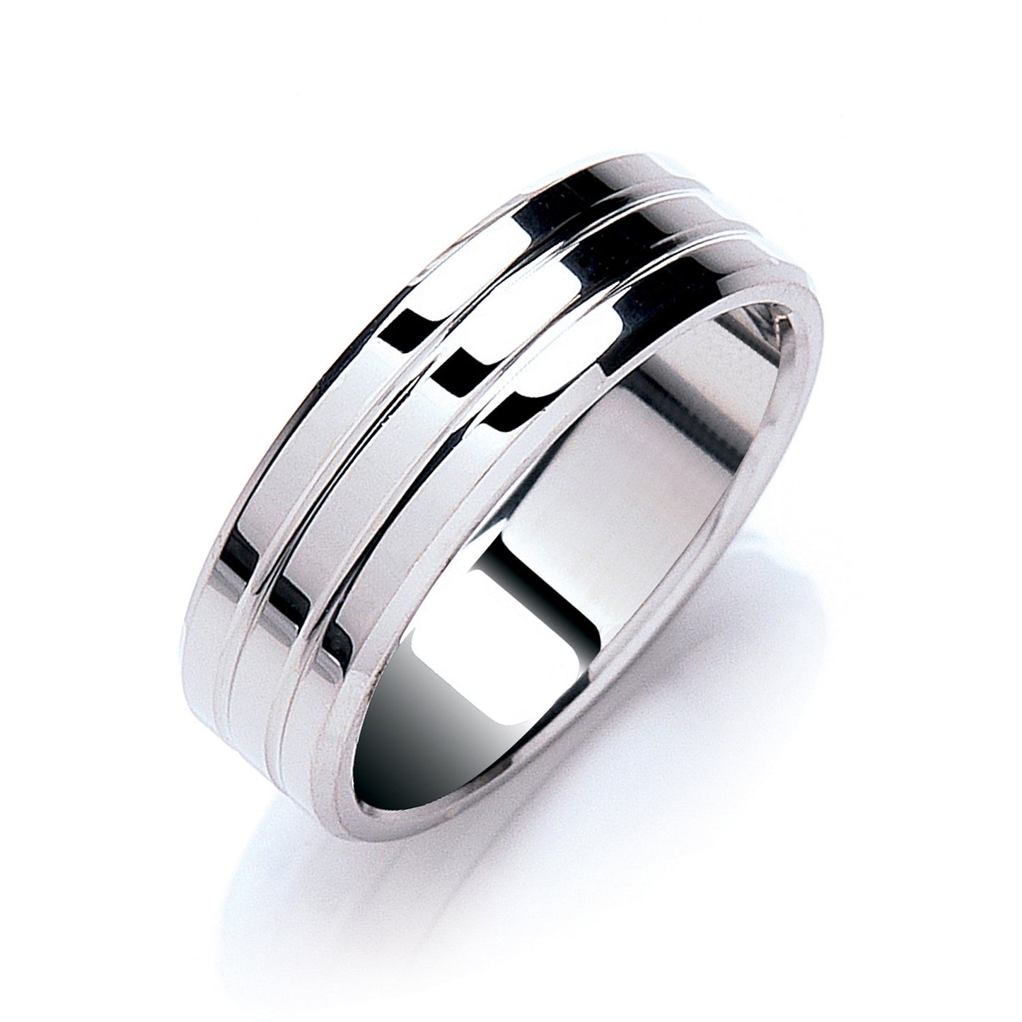 7mm Flat Court Bevelled Edge & Grooves Wedding Band - 18ct Gold