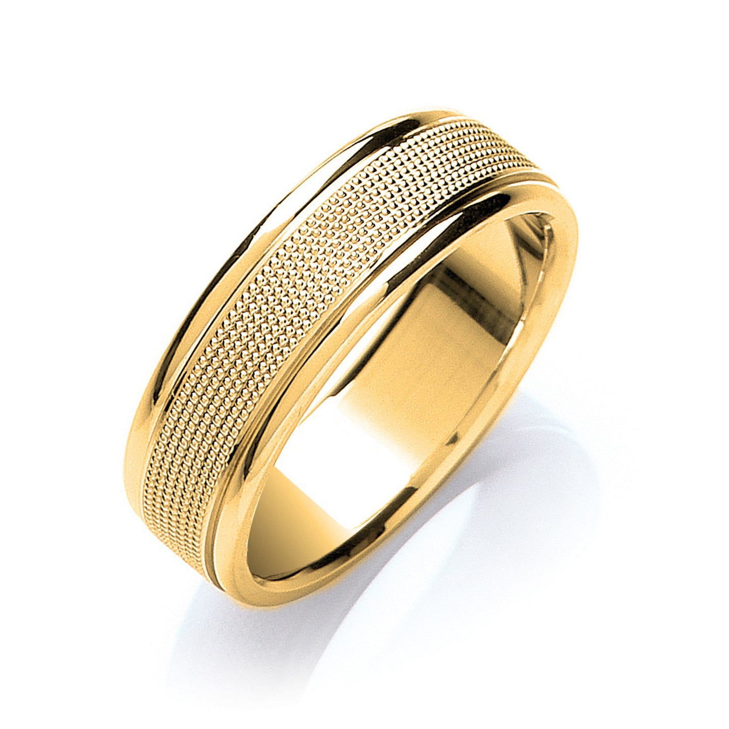 7mm Flat Court Mill Grain Centre Wedding Band - 9ct Gold