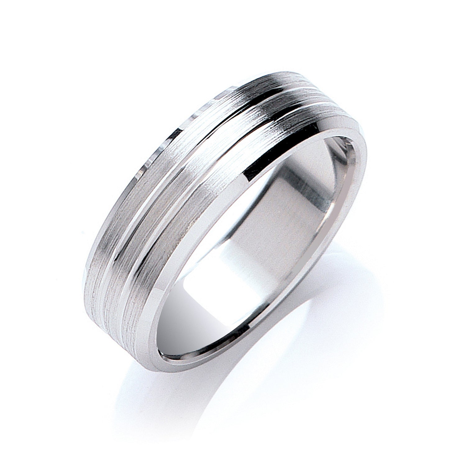 7mm Flat Court Bevelled Edge Matt & Grooves Wedding Band - 18ct Gold
