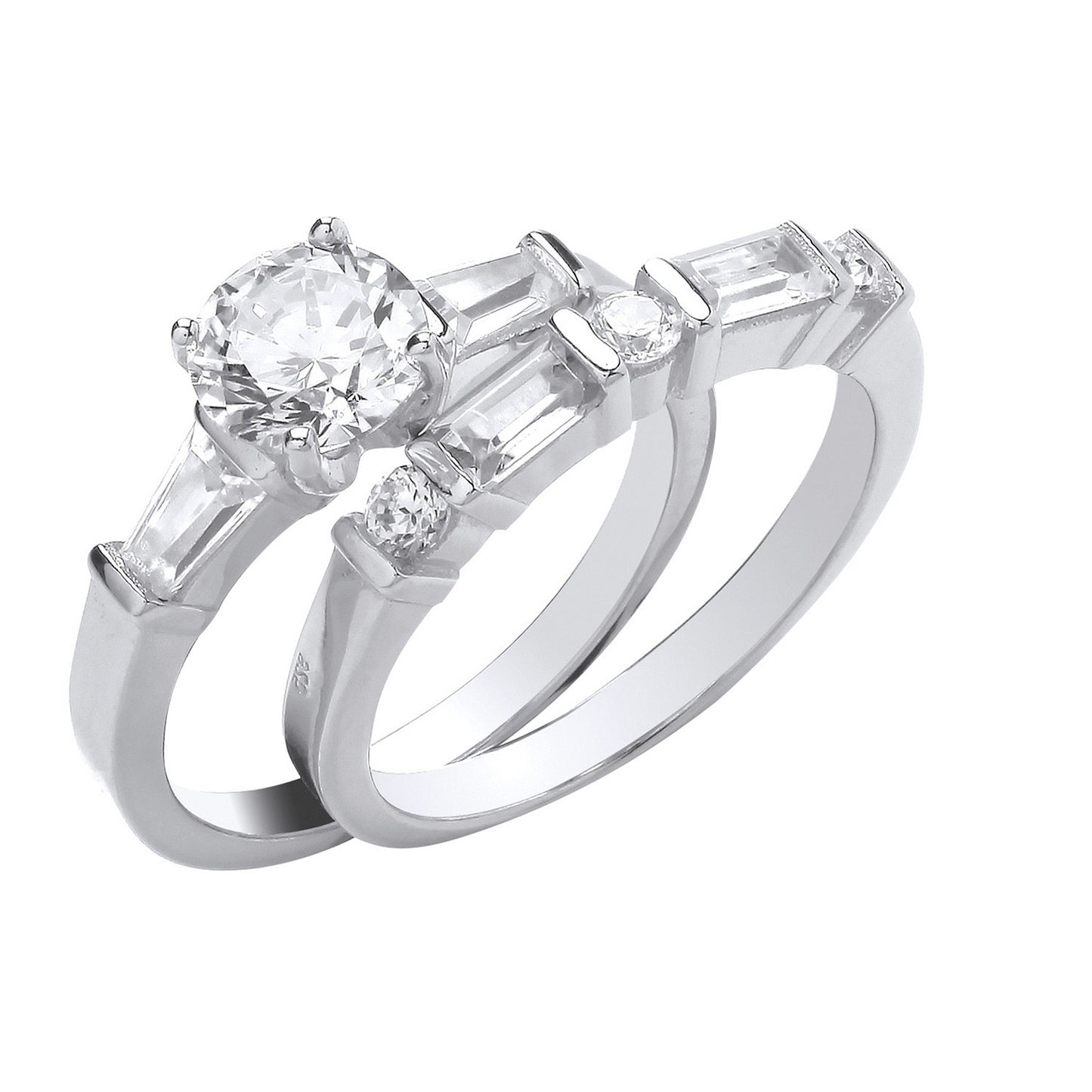 Silver Round and Baguette Cubic Zirconia Bridal Set Rings - Silver